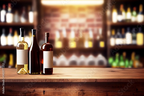 Bokeh Background of Cafe Bar with Blurred Counter  Tables  and Wine Bottles