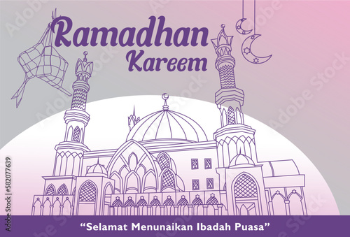 
outline design concept monoline orange mosque ramadan kareem celebration, in indonesian "selamat menunaikan ibadah puasa"