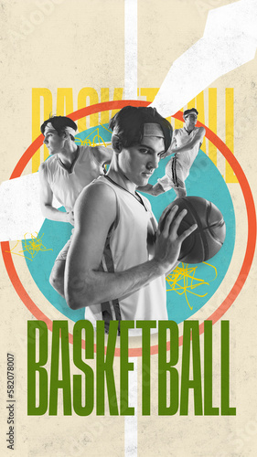 Retro style poster with potraits of young basketball player. Contemporary art collage. Concept of creativity, action, energy, sport, competition and ad. photo