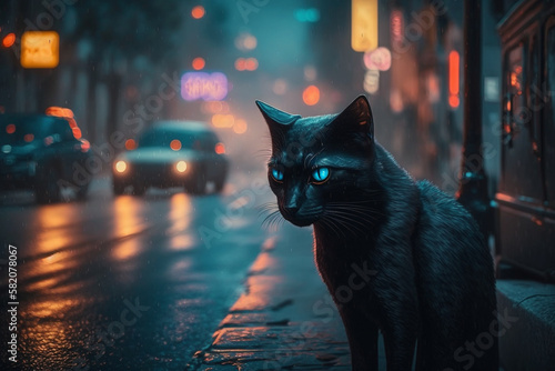 Beautiful black cat walking down the street at night. Black pet animal feline kitten. Ai generated © dragomirescu