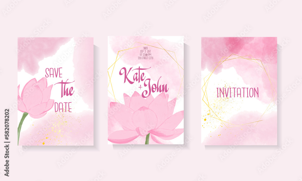 Obraz premium Dusty rose, blue and golden marble geode frame. Pink watercolor fluid painting vector design greeting card for wedding invitation. Alcohol ink. Isolated and Editable