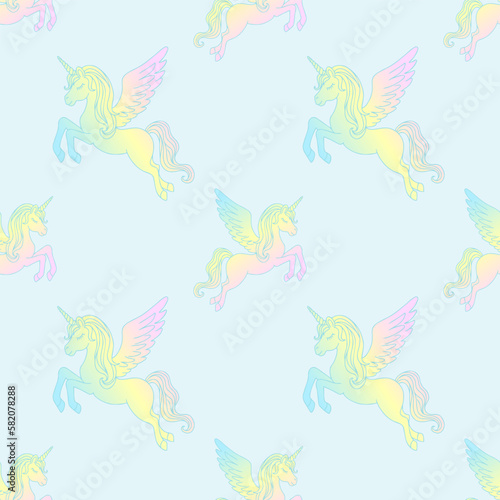 Seamless pattern with winged unicorns.