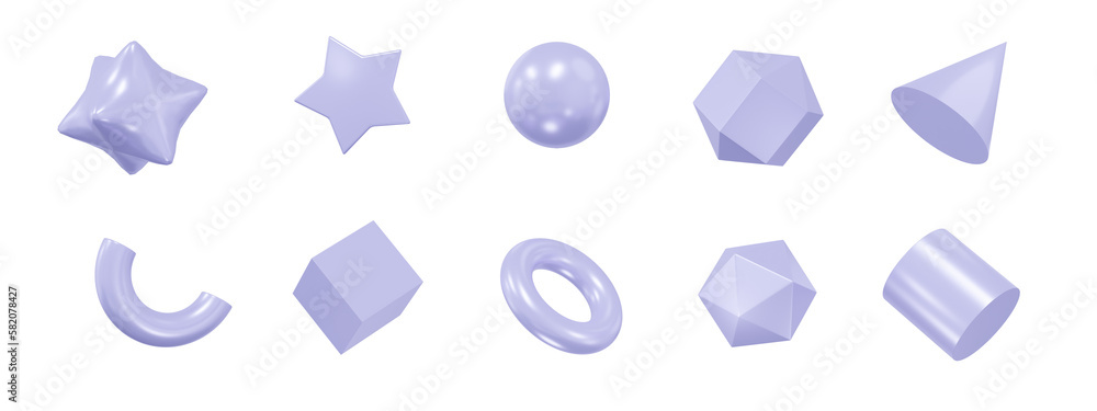 3d set lilac shapes: square, cylinder, sphere, pyramid, torus, star, cone, icosphere. Metal simple figures for your design on white isolated background. 3d rendering illustration. 3d set lilac shapes: square, cylinder, sphere, pyramid, torus, star, cone, icosphere. Metal simple figures for your design on white isolated background. 3d rendering illustration.