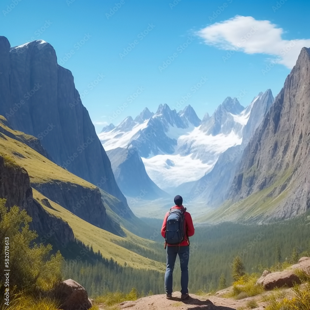 Back of a backpacker is walking on the beautiful view of the mountain range. Generative Ai