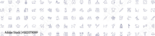 Animal healthcare line icons signs set. Design collection of Veterinary, Pets, Wellness, Diagnostics, Treatment, Vaccines, Surgery, Adoption outline concept vector illustrations