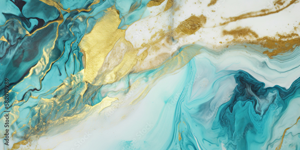 Abstract mint green and golden marble background, panoramic AI generative banner