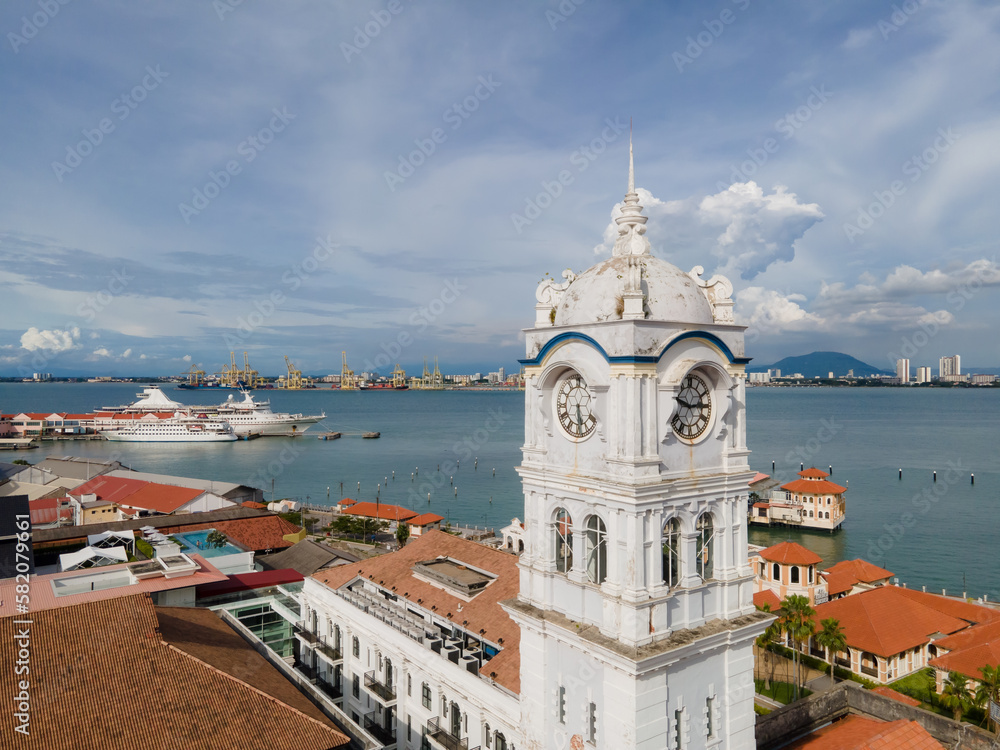 Aerial view of Penang Wisma Kastam clock tower. Weld Quay water front of Georgetown, Penang. World heritage
