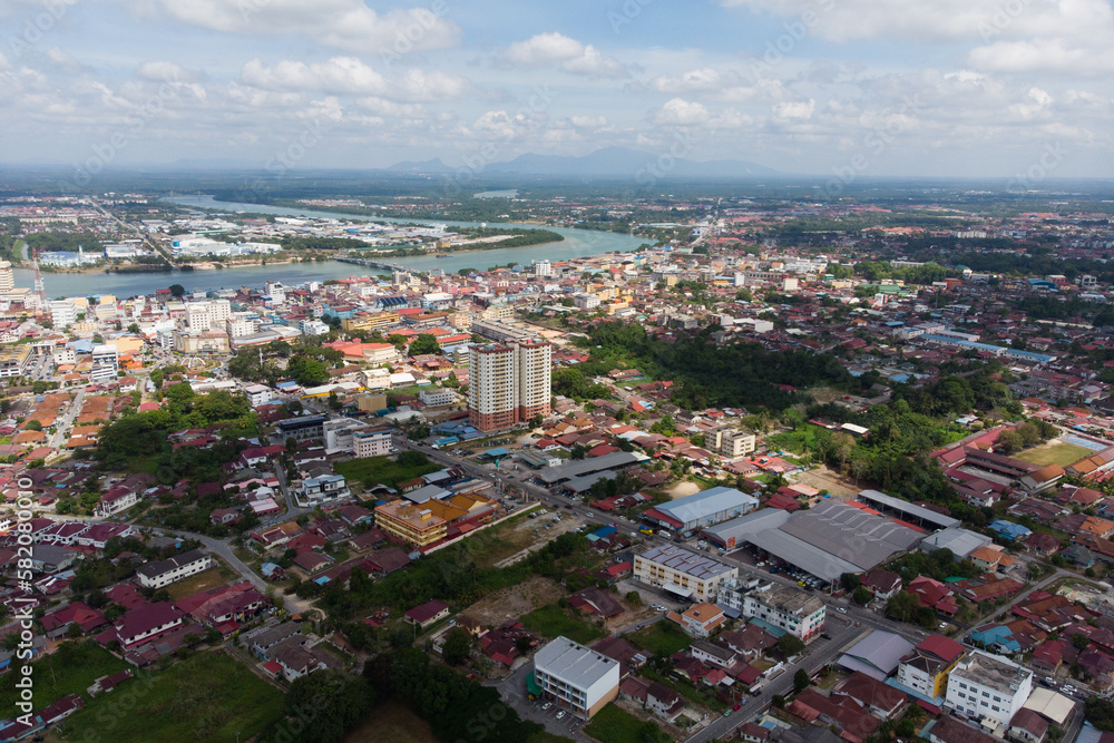 Aerial view of the city of Muar with sea view. Muar is a small city that locate in Johor, Malaysia.