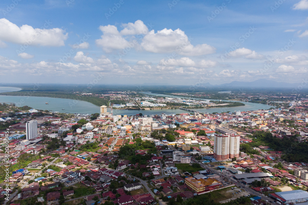 Aerial view of the city of Muar with sea view. Muar is a small city that locate in Johor, Malaysia.