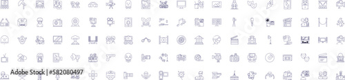 Cinema line icons signs set. Design collection of Film, Theater, Movie, Showing, Screening, Projection, Reel, Playback outline concept vector illustrations