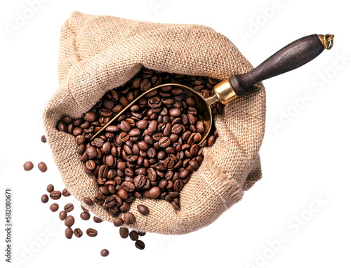 Leinwand Poster Scoop of coffee beans in a bag on white background