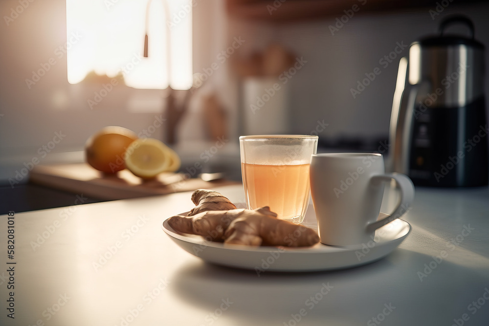 Fresh ginger root next to a cup with a hot infusion on the counter in a modern kitchen, morning light. Natural organic ginger for health, protection against colds.Spice for cooking. Generative AI Fresh ginger root next to a cup with a hot infusion on the counter in a modern kitchen, morning light. Natural organic ginger for health, protection against colds.Spice for cooking. Generative AI