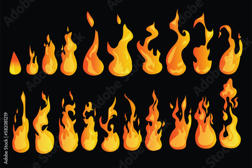 Cartoon fire burning stages concept in the flat cartoon design on a dark background. Image of stages of deployment of fire. Vector illustration.