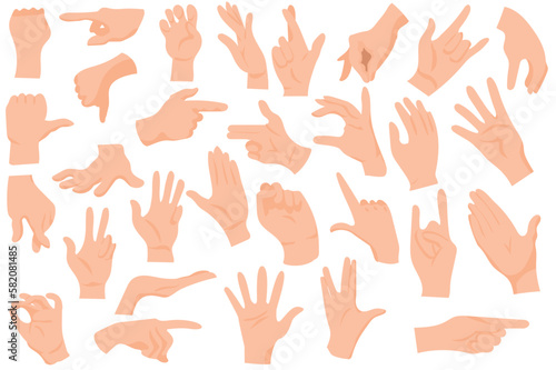 Hand gestures set icons concept in the flat cartoon design. Images of hand gestures that people use to communicate without words. Vector illustration.