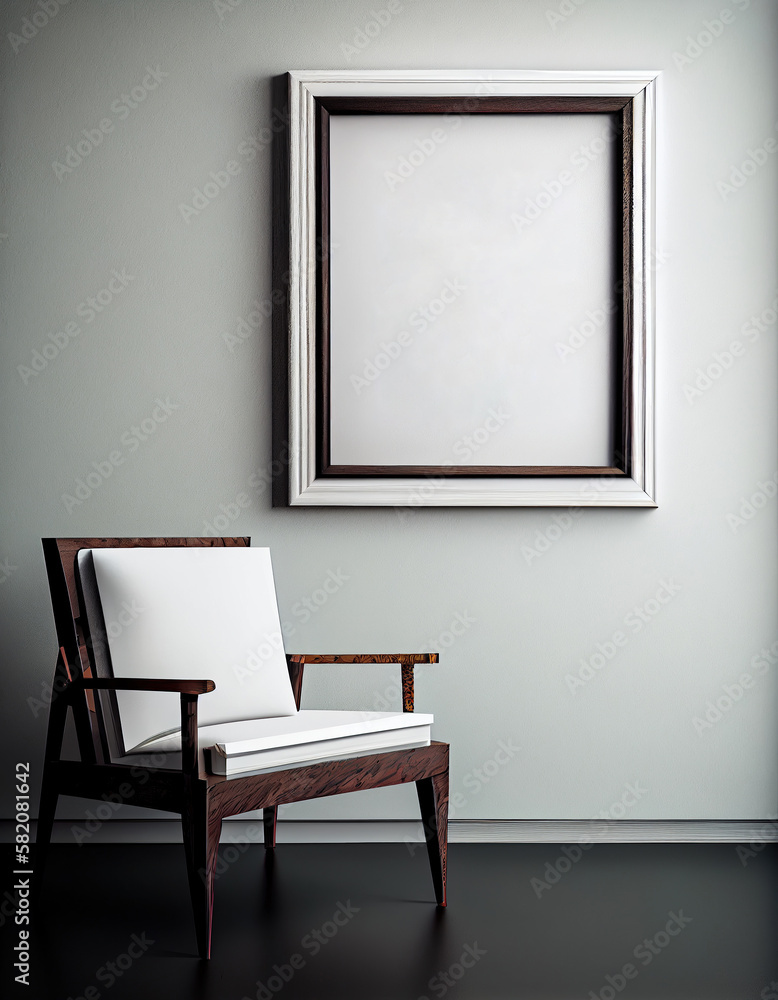 Frame mockup empty blank on white wall and vintage retro chair. Generative AI Frame mockup empty blank on white wall and vintage retro chair. Generative AI