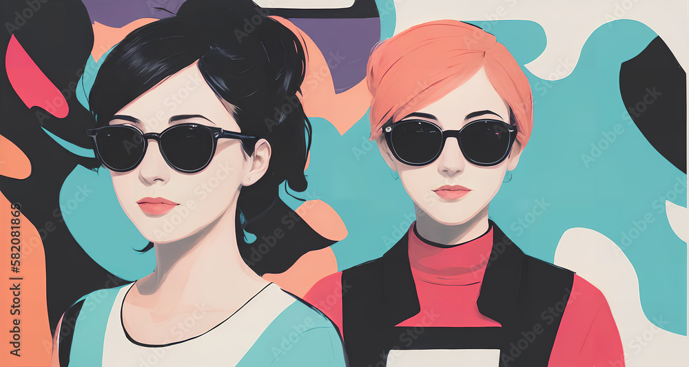 Painting portrait of a young woman in sunglasses on abstract painting background. Content made with generative AI not based on real persons. Painting portrait of a young woman in sunglasses on abstract painting background. Content made with generative AI not based on real persons.