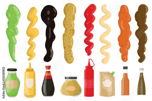 Sauces flat set in the flat cartoon design. Images of various sauces that can be used for cooking. Vector illustration.