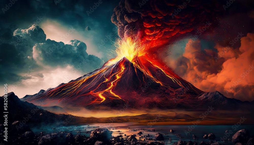 Volcano eruption. Lava flow down the slopes. Smoke rises in night sky. Generative AI