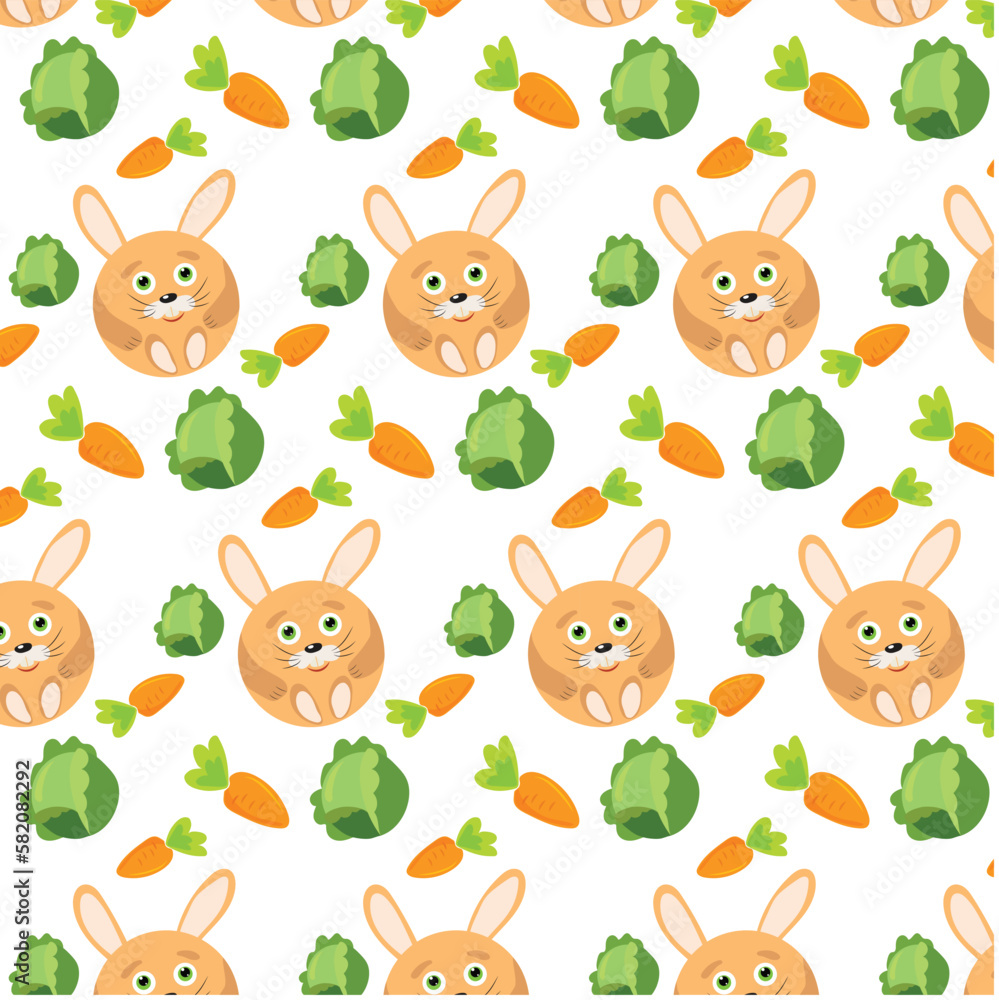 Naklejka premium Pattern on a white background with bunny cabbage and carrots. Very suitable for fabric and children's clothing.