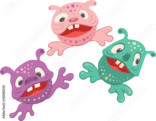 Three fantastic funny cute monsters with teeth and frog legs in different colors