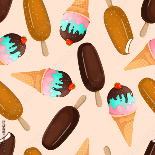 Seamless pattern with popsicle on a stick and ice cream in a strawberry cone. Vector illustration of chocolate and milk ice cream sundae for fabrics, textures, wallpapers, posters, cards.