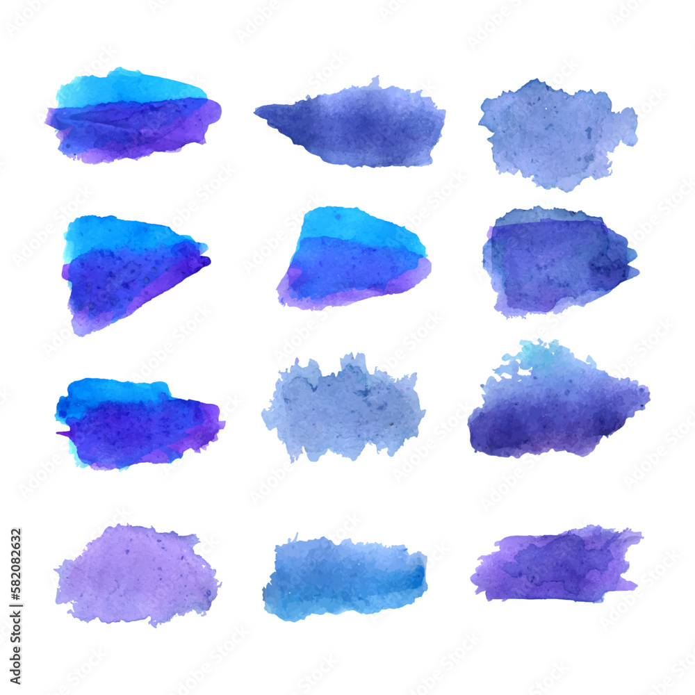 Hand drawn blue watercolor brush stroke design vector set. Vector hand drawn watercolor stroke