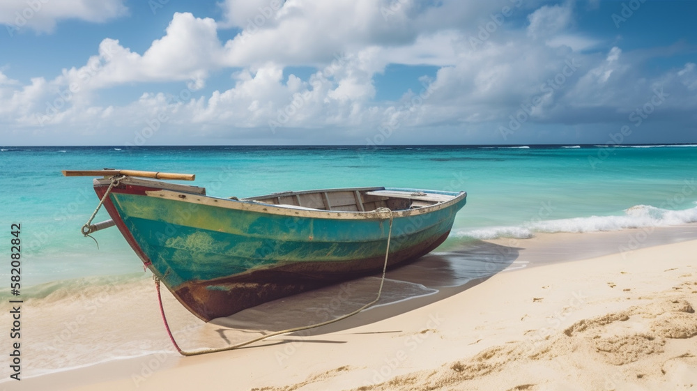 Beautiful caribbean sea and boat on the shore of exotic tropical island, panoramic view from the beach Beautiful caribbean sea and boat on the shore of exotic tropical island, panoramic view from the beach