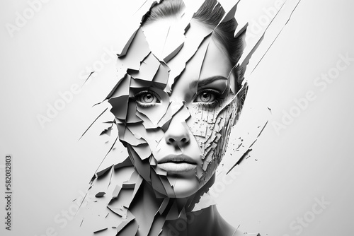 Dispersing fictitious woman face on white background. AI generated image photo