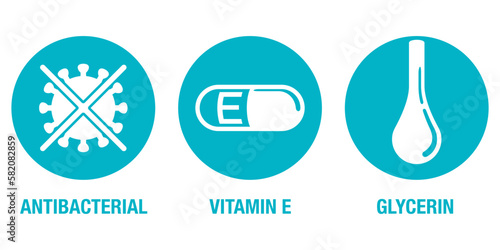 Glycerin, Antibacterial, Vitamin E - flat icons