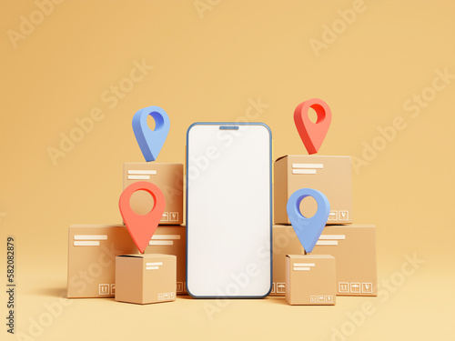 3D smartphone with brown cardboard box and location pins isolated on yellow background. online shopping concept express delivery service banner decoration. Mobile phone white screen, sell, gift box.	