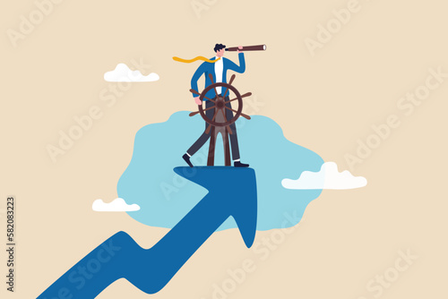 Leadership to lead company direction, vision to see opportunity, skill to overcome challenge or decision to control and drive growth concept, businessman captain control rudder helm on growth arrow.