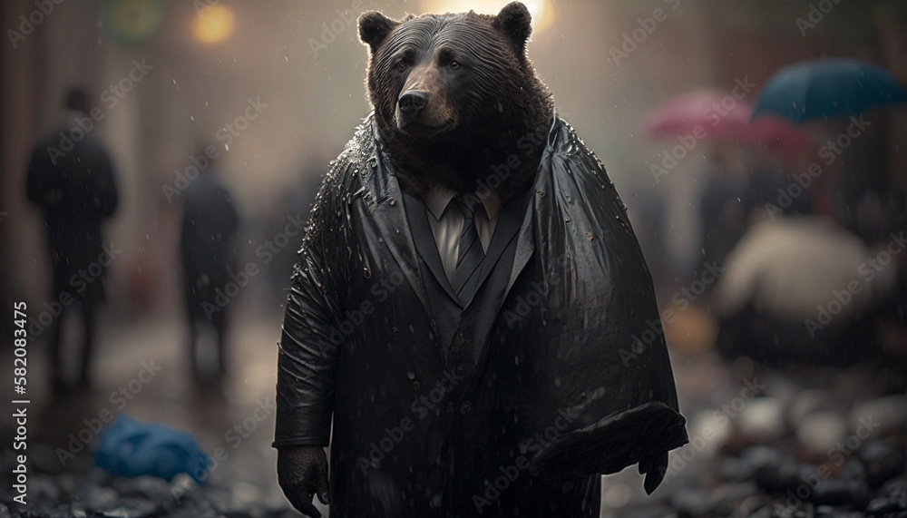 A bear in a suit holding a garbage bag stands among piles of plastic waste looking for food and shelter, Concept of saving the world. Generative AI. A bear in a suit holding a garbage bag stands among piles of plastic waste looking for food and shelter, Concept of saving the world. Generative AI.