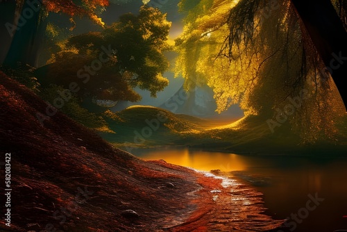Ilustracja inspirowana jesienią, las, rzeka, golden hour, wieczorne światło. Wygenerowane przy pomocy AI