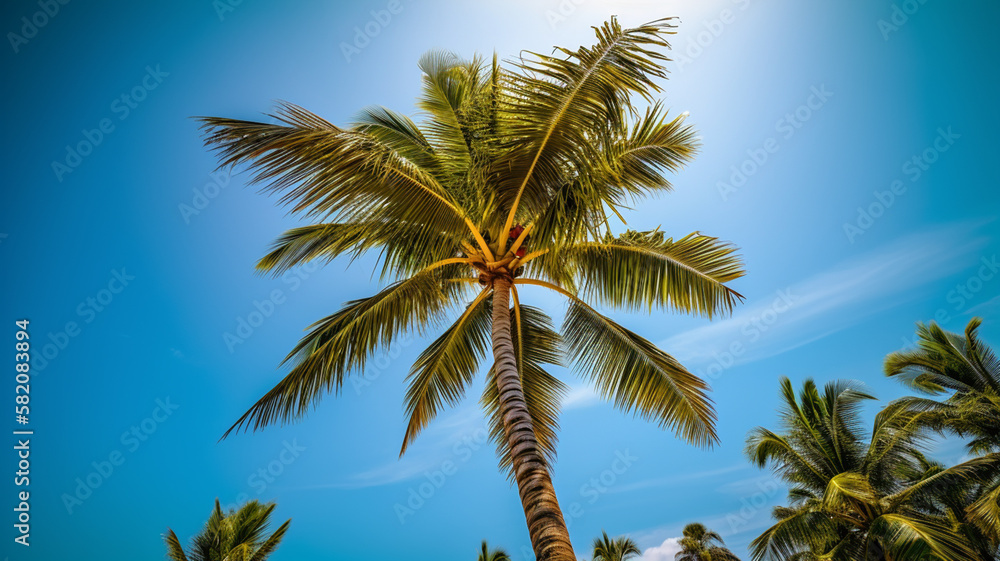Coconut palm trees against blue sky