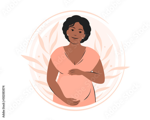 Pregnant woman with dark hair and skin, future mom hugging belly with arms. Pregnancy and motherhood concept. Vector illustration.
