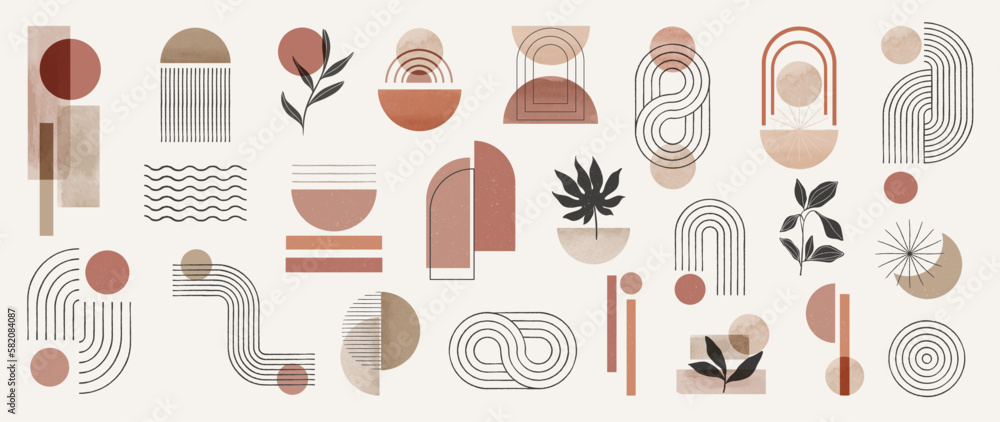Hand drawn abstract minimal element mid century vector set. Aesthetic contemporary stripe line art, watercolor geometric shapes in nude colors. Art form design for wall art, decoration, wallpaper. - obrazy, fototapety, plakaty 