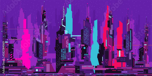 Colorful Abstract Futuristic Sci-fi Cyber Space City Landscape Vector Illustration