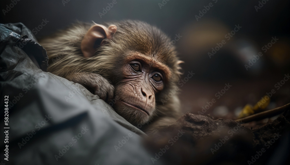 Obraz premium A monkey sleeps among the piles of plastic waste and the rain. concept of saving the world. Generative AI.