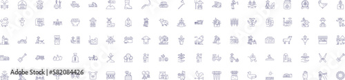 Farming line icons signs set. Design collection of Cropping, Cultivation, Agriculture, Tillage, Irrigation, Harvesting, Planting, Livestock outline concept vector illustrations
