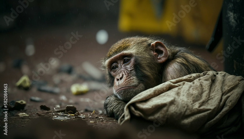 A monkey sleeps among the piles of plastic waste and the rain. concept of saving the world. Generative AI.