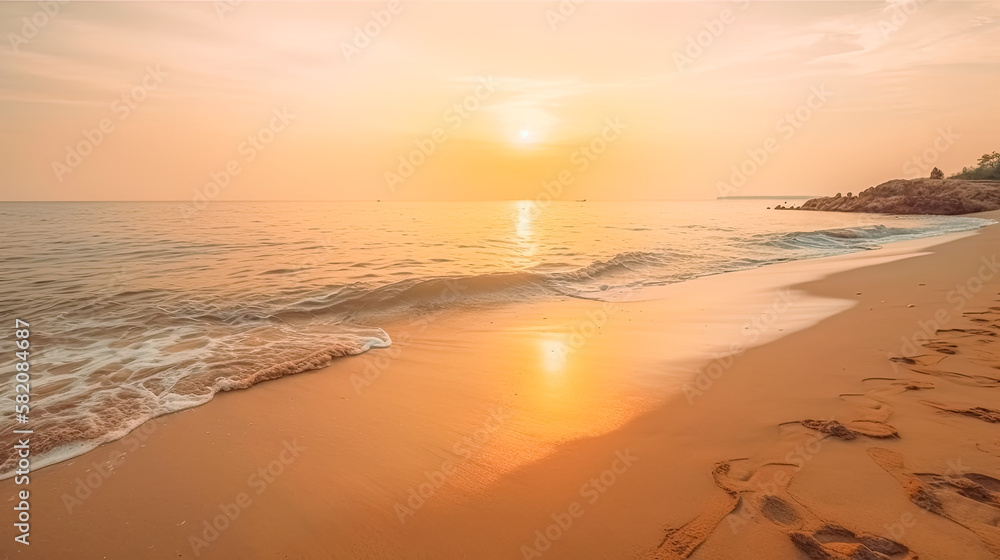 Closeup sea sand beach, Panoramic beach landscape,  Orange and golden sunset sky calmness tranquil relaxing sunlight summer mood.