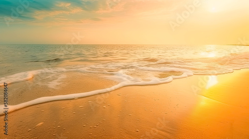 Closeup sea sand beach, Panoramic beach landscape, Orange and golden sunset sky calmness tranquil relaxing sunlight summer mood.