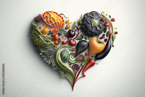 Vegetables in a Heart Shape. Heart shaped healthy vegetables. Vegetarian diet  healthy vegetables  love for veggies concept. Ai generated
