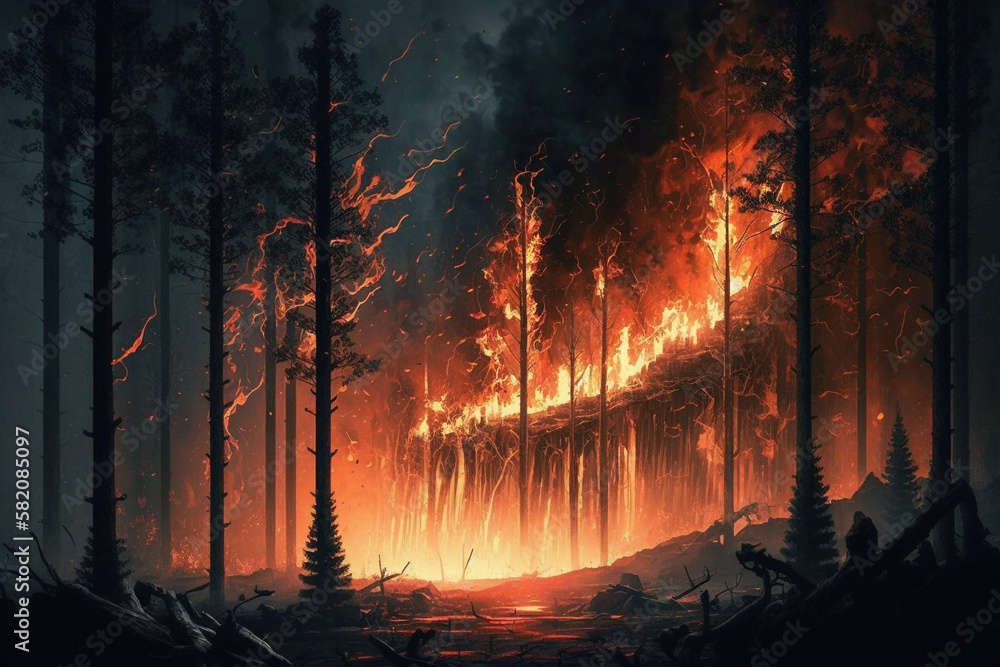 Obraz premium Burning forest. Wild fire in a forest during the night with burning flames and pinne trees burning to ashes. Global Warming environmental disaster. Ai generated