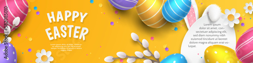 Vector cute horizontal greeting banner with ears of bunny, realistic colored 3D eggs, paper camomiles, willow branches and egg-shaped label on orange background. Festive header with text Happy Easter.
