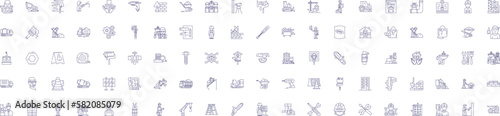 City construction line icons signs set. Design collection of Urbanism, architecture, infrastructure, edifice, municipality, metropolis, dwelling, civic outline concept vector illustrations