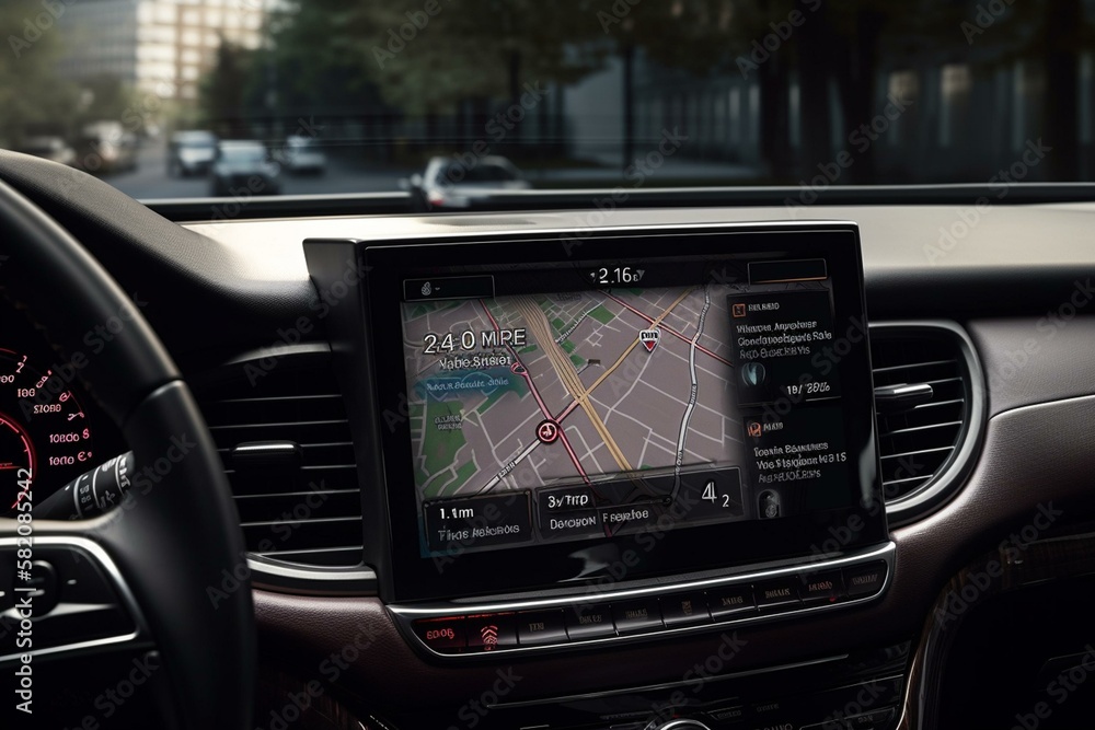 A navigation app with a dynamic design featuring real-time maps and customizable routing options, displayed on a car dashboard. Generative AI