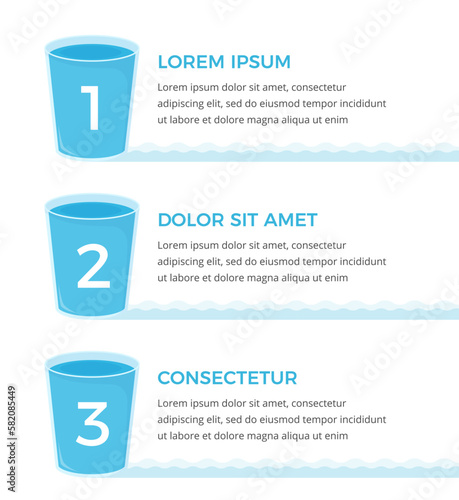Three glasses with water with numbers and place for your text, water infographics