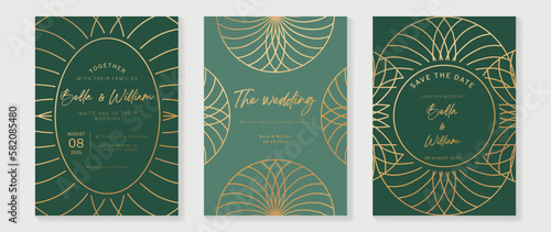 Luxury wedding invitation card background vector. Golden elegant geometric art deco gatsby style line art frame. Premium design illustration for wedding and vip cover template, banner, poster.