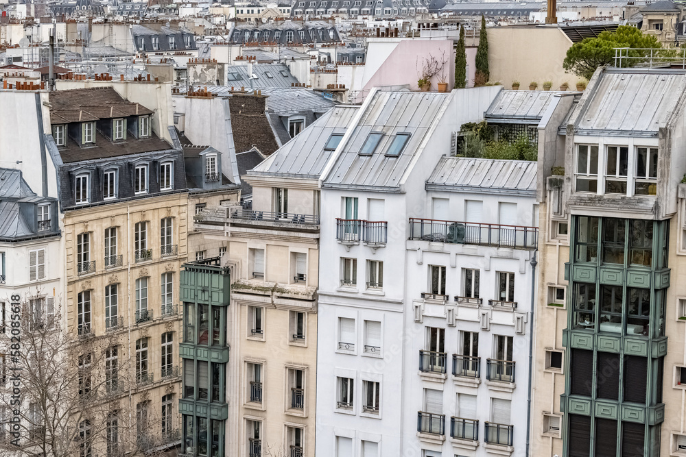Paris, typical buildings in the Marais, view from the Pompidou center